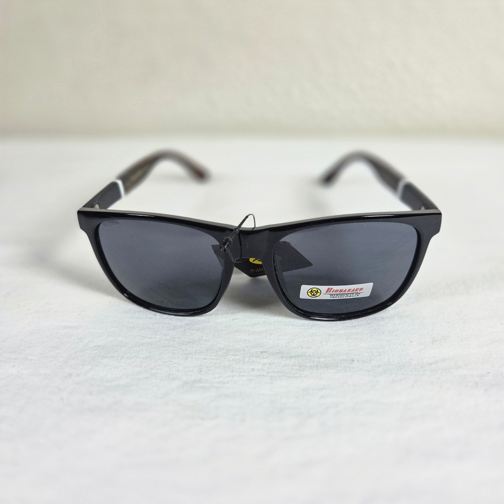 Biohazard Sunglasses Black Square Frame Wood Grain Arms UV400 Protection NEW